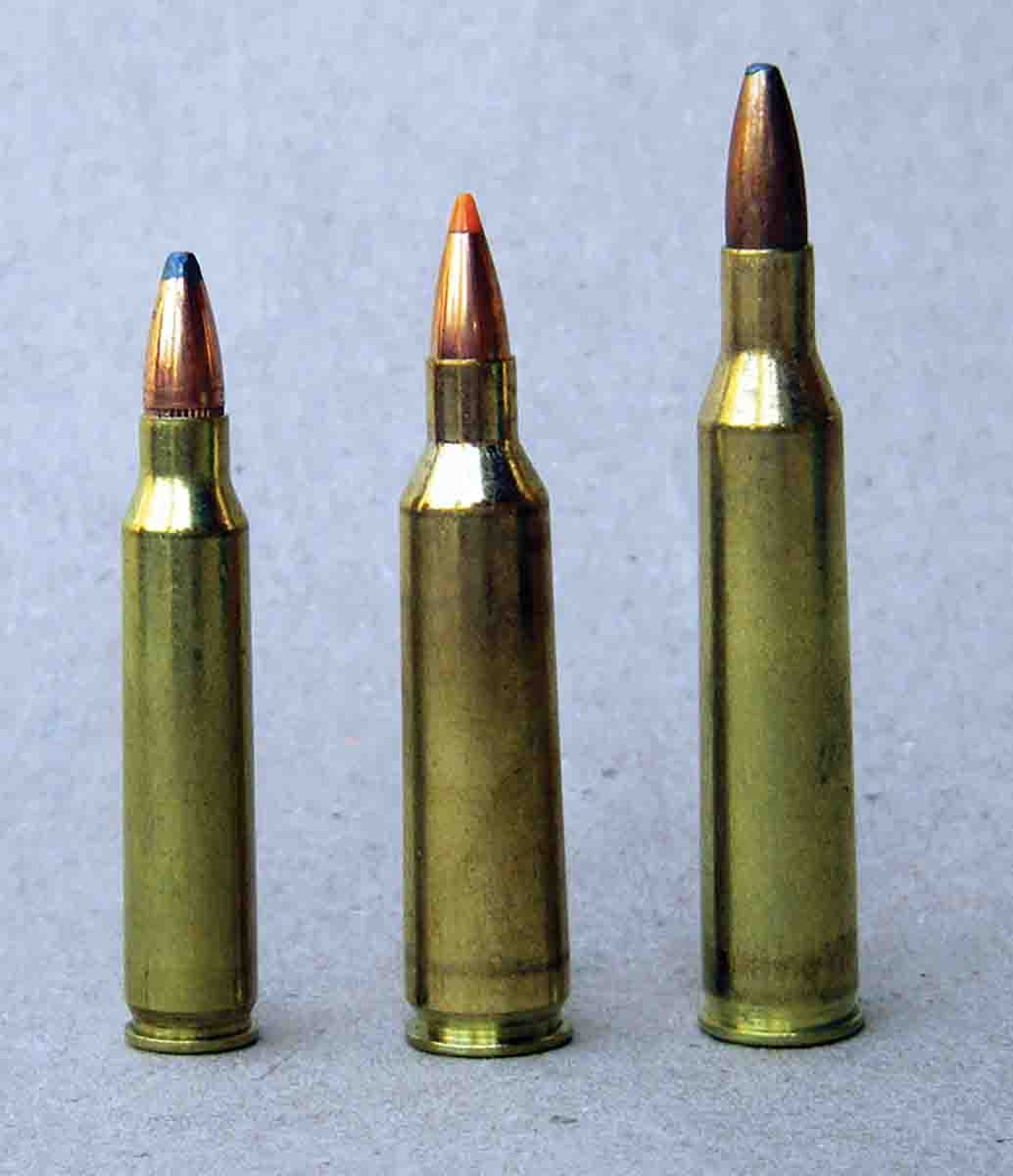 The (center) .22-250 Remington offers a significant ballistic advantage over the (left) .223 Remington and approaches the ballistics of the (right) .220 Swift.
